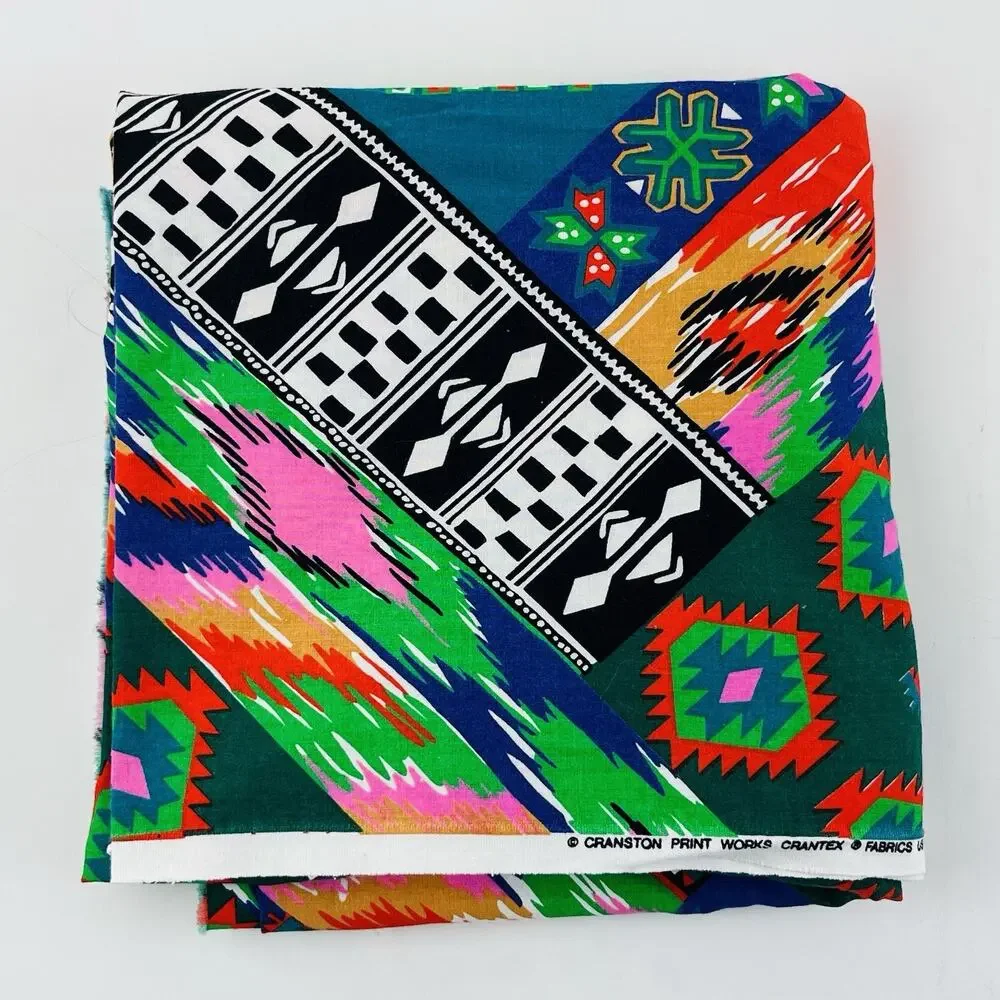 Vintage 90s Cranston Southwest Fabric Colorful Geometric Abstract Aztec 2 Yd Gre